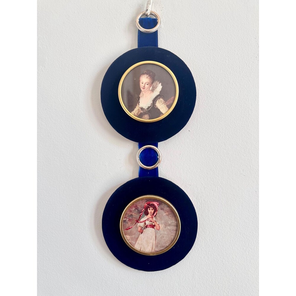 Vintage Italian Small Round Portraits on Velvet Ribbon in French Blue, Victorian